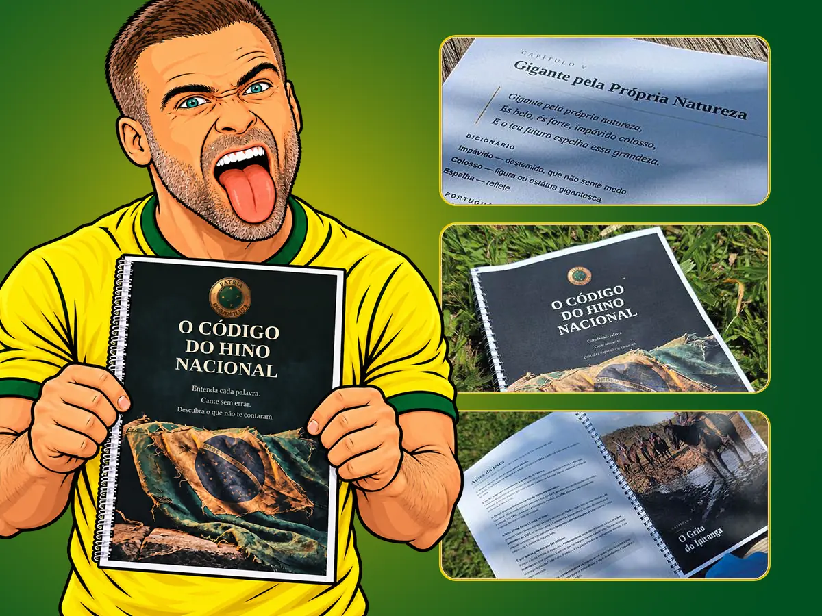 Ilustração do Pilhado segurando a cartilha O Código do Hino Nacional impressa