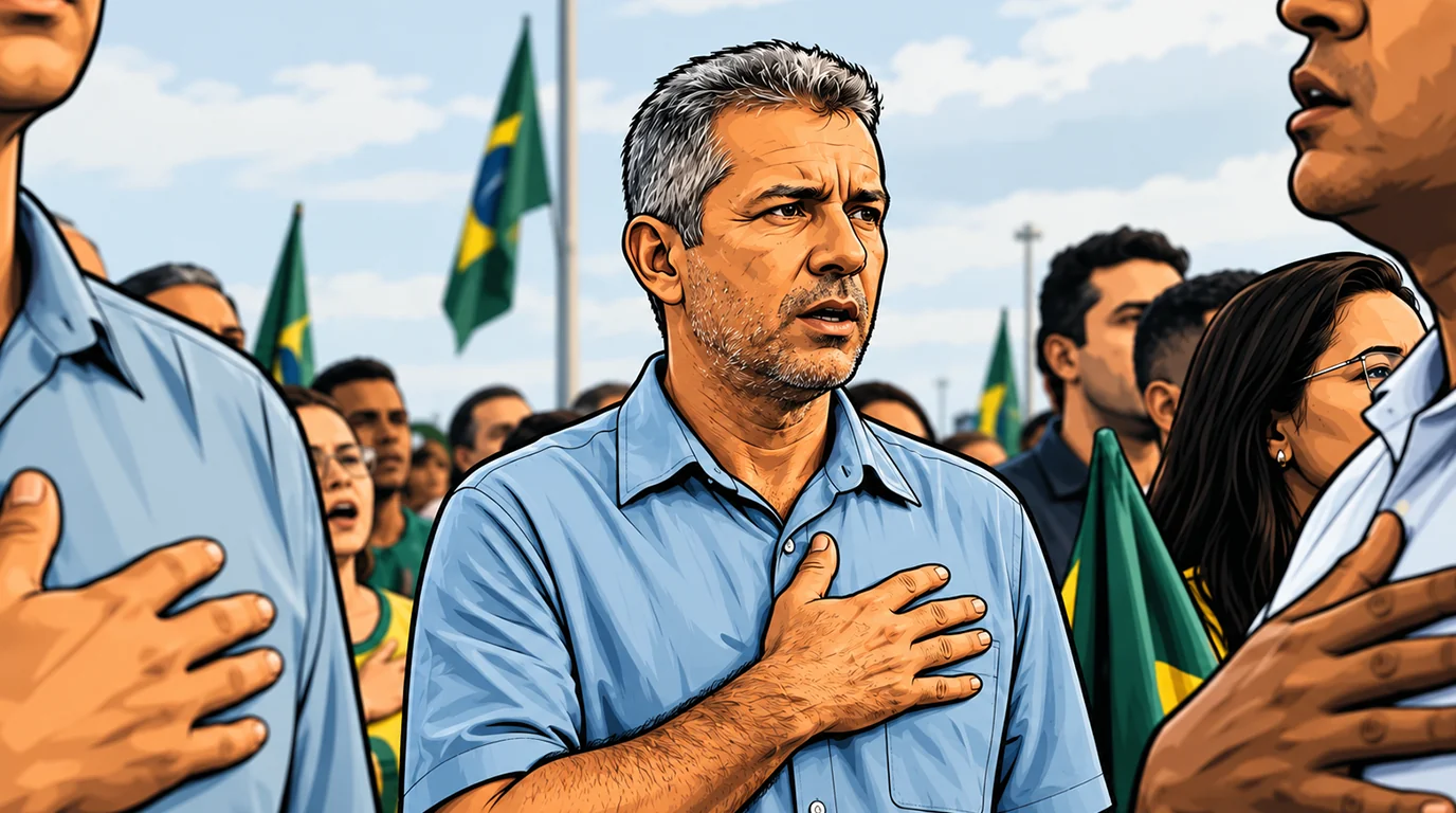 Ilustração de um homem de meia-idade com a mão no peito durante a execução do Hino, em uma cerimônia cívica